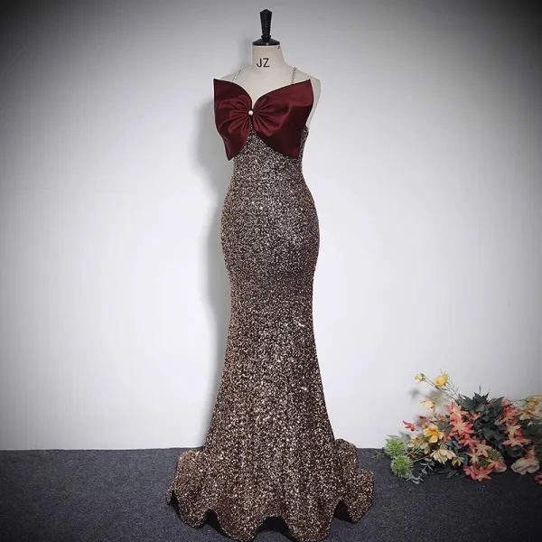 Glitzernden Sexy Burgunderrot Pailletten Abendkleider 2023 Meerjungfrau Spaghettiträger Schleife Ärmellos Rückenfreies Lange Abend Festliche Kleider