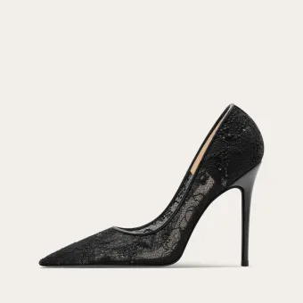 Charming Black Sequins Lace Flower Evening Party Pumps 2025 10 Cm Stiletto Heels Pointed Toe Pumps High Heels