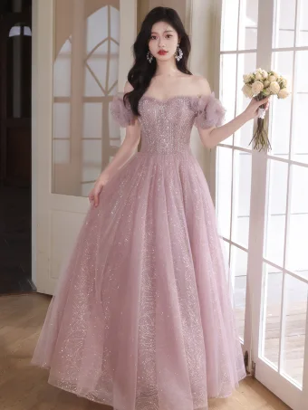 Bling Bling Blushing Pink Beading Sequins Prom Dresses 2024 A Line Princess Off The Shoulder Short Sleeve Backless Floor Length Long Prom Formal Dresses