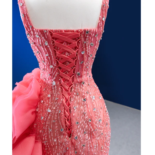 Haut de Gamme Chic / Belle Rose Bonbon Perlage Faux Diamant Paillettes Volants Robe De Soirée 2023 Trompette / Sirène Encolure Carrée Sans Manches Dos Nu Tribunal Train Soirée