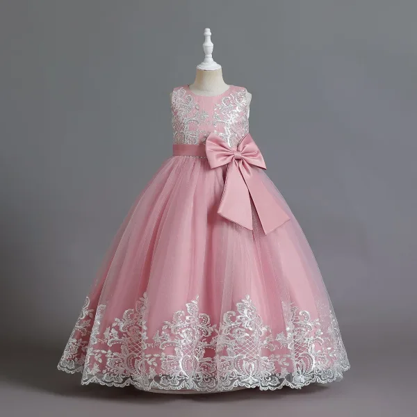 Elegant Burgundy Birthday Lace Flower Flower Girl Dresses 2023 A-Line / Princess Scoop Neck Sleeveless Bow Sash Floor-Length / Long Flower Girl Dresses