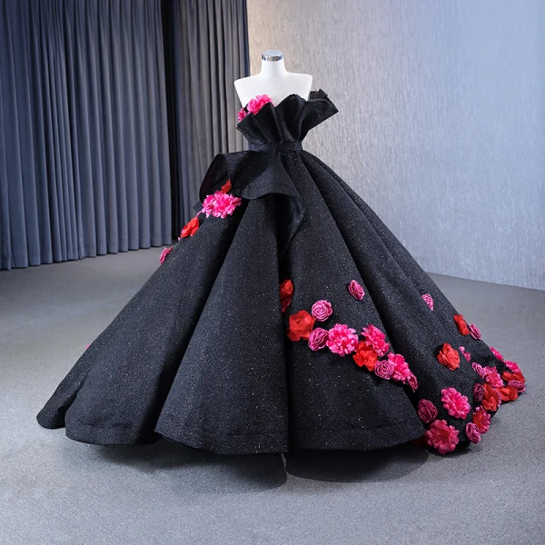 High-end Flower Fairy Black Appliques Sequins Prom Dresses 2023 Ball Gown Strapless Sleeveless Backless Sweep Train Prom Formal Dresses