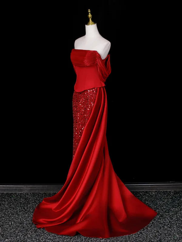 Elegante Rot Pailletten Ballkleider 2026 Meerjungfrau Bandeau Ärmellos Rückenfreies Lange Festliche Kleider