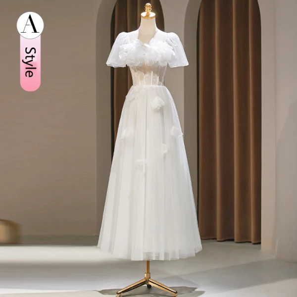 Modest / Simple White Appliques Bridesmaid Dresses 2024 A-Line / Princess Short Sleeve Backless Floor-Length / Long