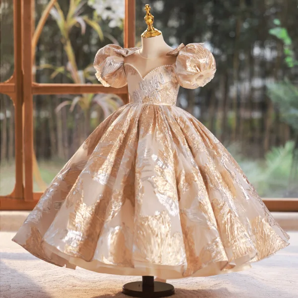 Bling Bling Gold Glitter Printing Pearl Birthday Flower Girl Dresses 2024 Ball Gown Scoop Neck Puffy Short Sleeve Backless Floor-Length / Long