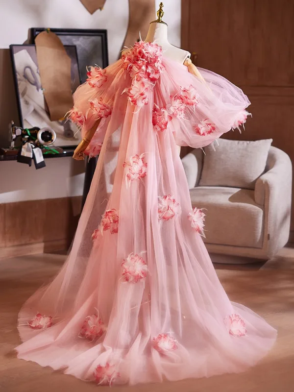 Chic / Belle Rougissant Rose Fait main Appliques Manches Courtes Promo châle 2025