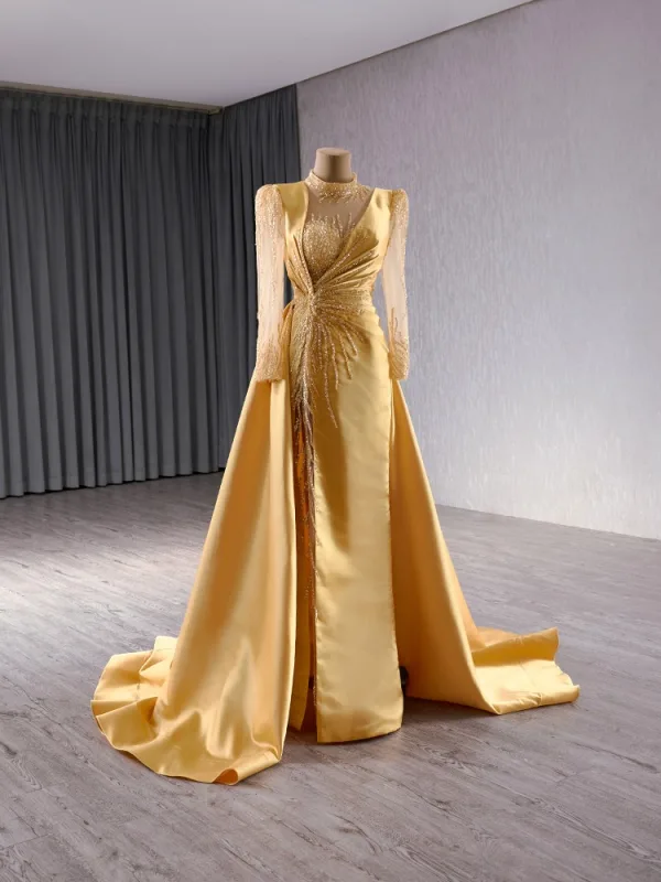 High-end Vintage / Retro Gold Sequins Trumpet / Mermaid Prom Dresses 2024 High Neck Long Sleeve Backless Sweep Train Prom Formal Dresses