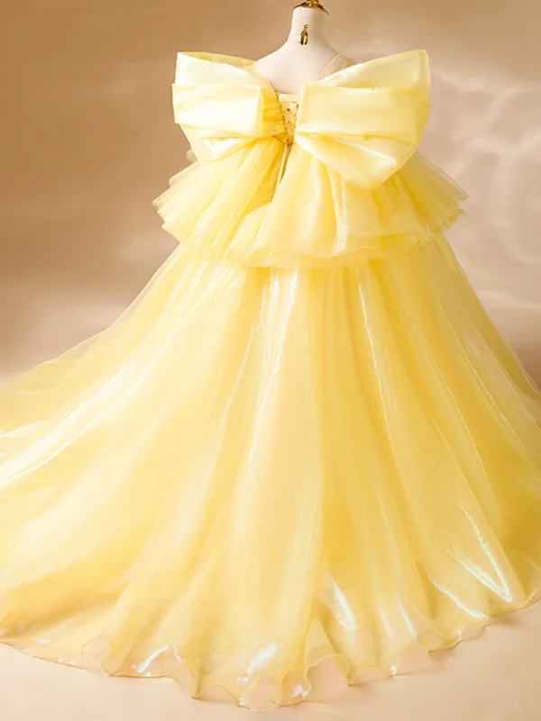 Fashion Yellow Beading Sequins Cascading Ruffles Birthday Flower Girl Dresses 2024 Ball Gown Scoop Neck Short Sleeve Backless Sweep Train
