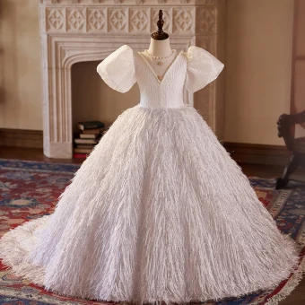 Chic Beautiful White Pearl Tassel Birthday Flower Girl Dresses 2024 Ball Gown V Neck Puffy Short Sleeve Backless Floor Length Long