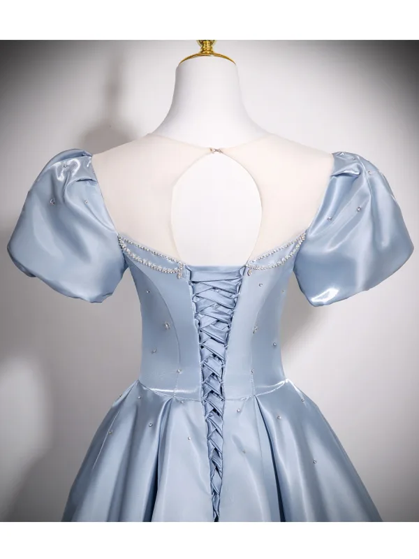 Elegant Sky Blue Satin Rhinestone Prom Dresses 2025 A-Line / Princess Scoop Neck Puffy Short Sleeve Backless Floor-Length / Long Formal Dresses