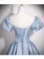 Elegant Sky Blue Satin Rhinestone Prom Dresses 2025 A-Line / Princess Scoop Neck Puffy Short Sleeve Backless Floor-Length / Long Formal Dresses