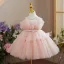 Modest / Simple Blushing Pink Ruffle Short Birthday Flower Girl Dresses 2024 Ball Gown Scoop Neck Sleeveless Backless Bow Sash Tulle