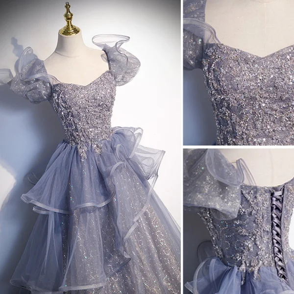 Fashion Grey Beading Sequins Prom Dresses 2023 A-Line / Princess Square Neckline Puffy Short Sleeve Backless Floor-Length / Long Prom Formal Dresses