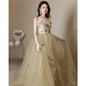 Chic Beautiful Sage Green Appliques Prom Dresses 2023 A Line Princess Strapless Sleeveless Backless Floor Length Long Formal Dresses
