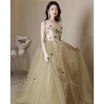 Chic Belle Vert Cendré Appliques Robe De Bal 2023 Princesse Bustier Sans Manches Dos Nu Longue Robe De Ceremonie