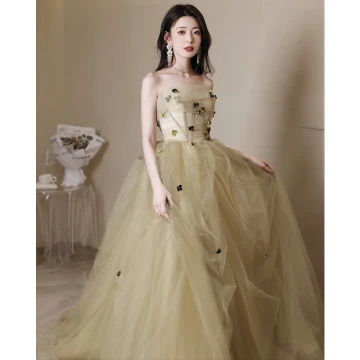 Chic Beautiful Sage Green Appliques Prom Dresses 2023 A Line Princess Strapless Sleeveless Backless Floor Length Long Formal Dresses
