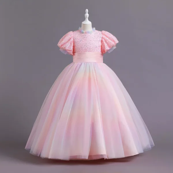 Chic / Belle Bleu Ciel Paillettes Anniversaire Robe Ceremonie Fille 2023 Robe Boule Col Haut Manches Courtes Noeud Longue Robe Ceremonie Fille
