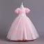 Chic / Belle Bleu Ciel Paillettes Anniversaire Robe Ceremonie Fille 2023 Robe Boule Col Haut Manches Courtes Noeud Longue Robe Ceremonie Fille