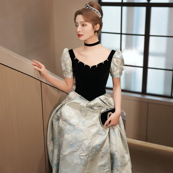 Elegant Black Glitter Prom Dresses 2023 A-Line / Princess Square Neckline Short Sleeve Backless Floor-Length / Long Prom Formal Dresses