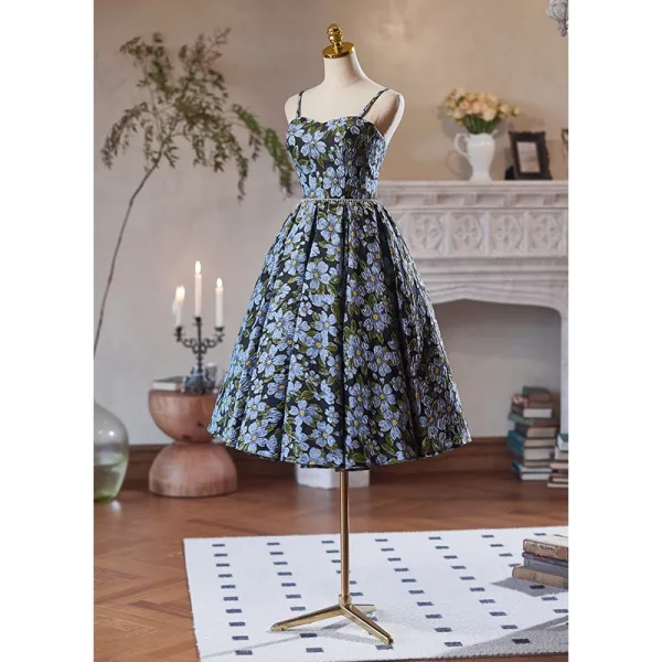 Flower Fairy Black Printing Knee-Length Homecoming Graduation Dresses 2024 A-Line / Princess Spaghetti Straps Sleeveless Backless