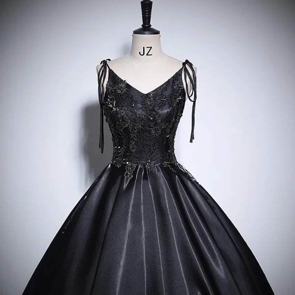 Classique Noire Perlage Paillettes Satin Robe De Bal 2024 Robe Boule V-Cou Sans Manches Dos Nu Longue Promo Robe De Ceremonie