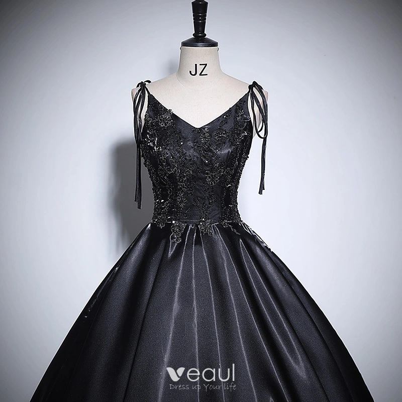 Classic Black Beading Sequins Satin Prom Dresses 2024 Ball Gown V Neck  Sleeveless Backless Floor Length Long Prom Formal Dresses