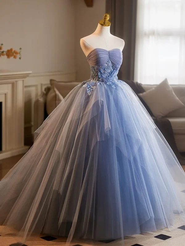 Chic / Beautiful Sky Blue Pearl Lace Flower Appliques Prom Dresses 2025 Ball Gown Strapless Sleeveless Backless Floor-Length / Long Prom Formal Dresses