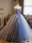 Chic / Beautiful Sky Blue Pearl Lace Flower Appliques Prom Dresses 2025 Ball Gown Strapless Sleeveless Backless Floor-Length / Long Prom Formal Dresses