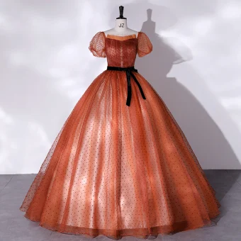 Élégant Orange Tachetée Robe De Bal 2022 Robe Boule Encolure Carrée Manches Courtes Dos Nu Noeud Ceinture Longue Robe De Ceremonie