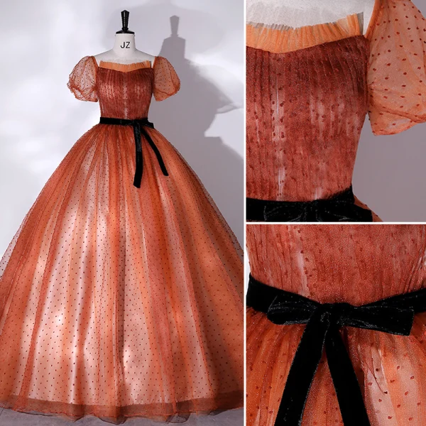 Elegante Orange Geflecktes Ballkleider 2022 Ballkleid Eckiger Ausschnitt Kurze Ärmel Rückenfreies Schleife Stoffgürtel Lange Festliche Kleider