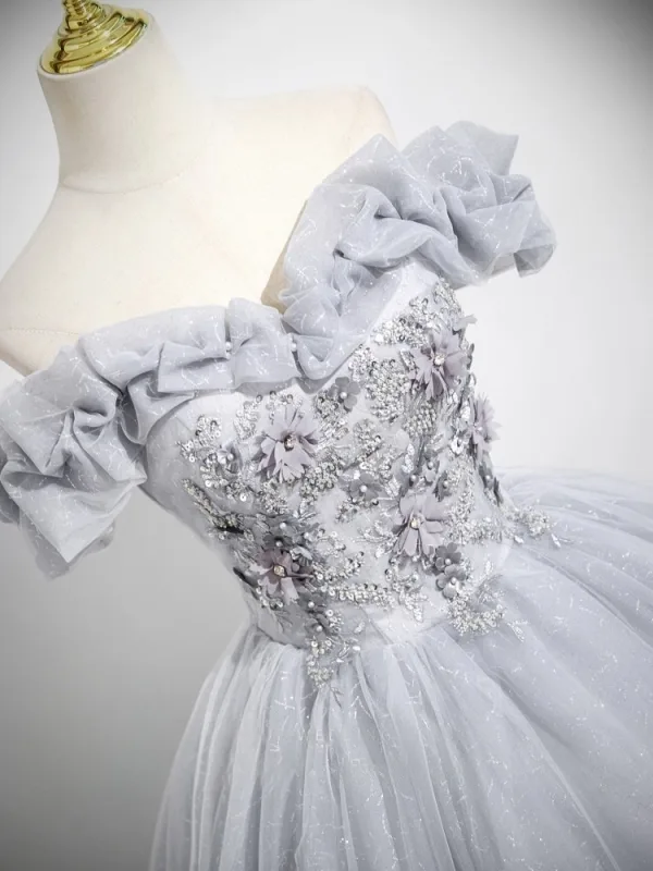 Schöne Silber Grau Applikationen Perlenstickerei Pailletten Ballkleider 2025 Ballkleid Off Shoulder Kurze Ärmel Rückenfreies Lange Festliche Kleider