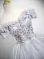 Schöne Silber Grau Applikationen Perlenstickerei Pailletten Ballkleider 2025 Ballkleid Off Shoulder Kurze Ärmel Rückenfreies Lange Festliche Kleider