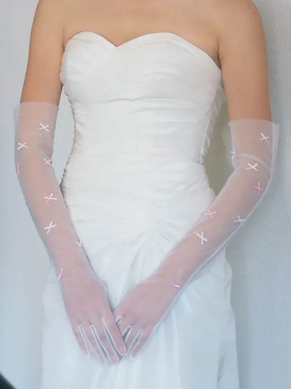 Elegant White Bow Wedding Bridal Gloves 2025 Tulle