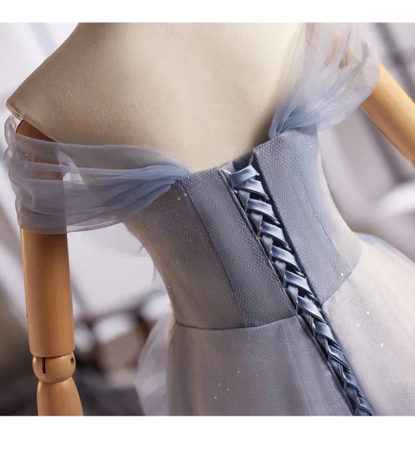 Charming Sky Blue Beading Pearl Sequins Prom Dresses 2025 A-Line / Princess Off-The-Shoulder Sleeveless Backless Floor-Length / Long Formal Dresses