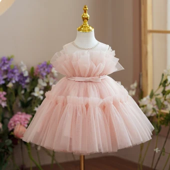 Chic Belle Rougissant Rose Volants Anniversaire Courte Robe Ceremonie Fille 2023 Robe Boule Encolure Dégagée Sans Manches Noeud Ceinture
