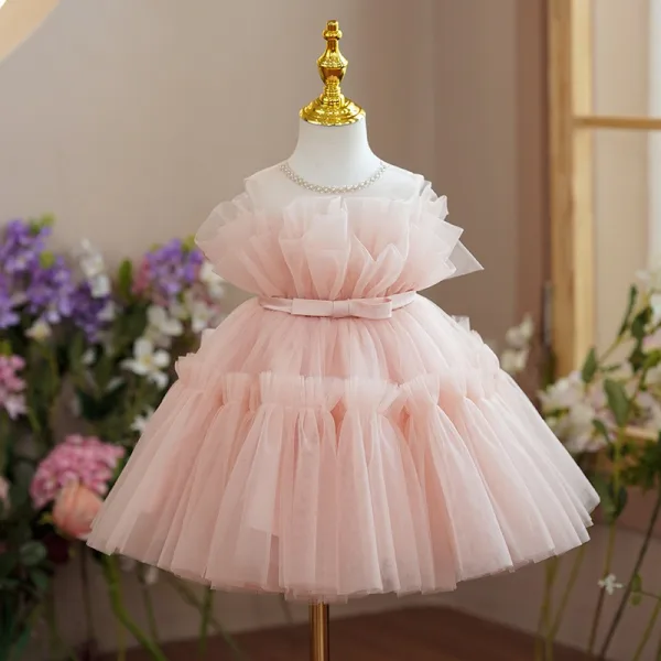 Modest / Simple Blushing Pink Ruffle Short Birthday Flower Girl Dresses 2024 Ball Gown Scoop Neck Sleeveless Backless Bow Sash Tulle