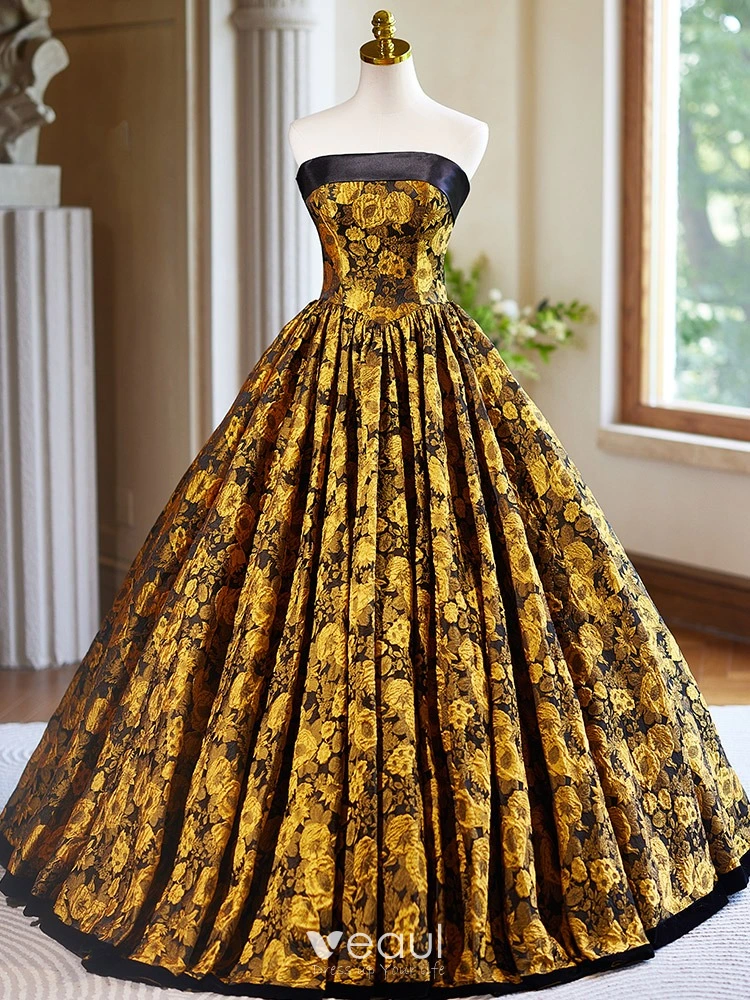 Vintage / Retro Gold Printing Prom Dresses 2024 Ball Gown Strapless  Sleeveless Backless Floor-Length / Long Prom Formal Dresses