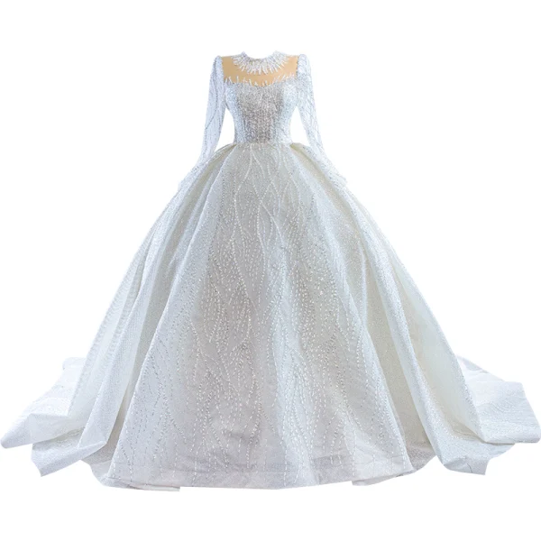Luxury / Gorgeous White Handmade  Beading Sequins Wedding Dresses 2023 Ball Gown High Neck Long Sleeve Court Train Wedding