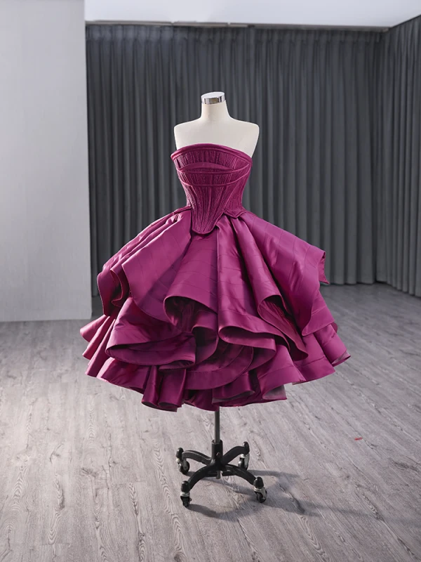High-end Fuchsia Cascading Ruffles Satin Prom Dresses 2024 Ball Gown Strapless Sleeveless Backless Tea-length Prom Formal Dresses