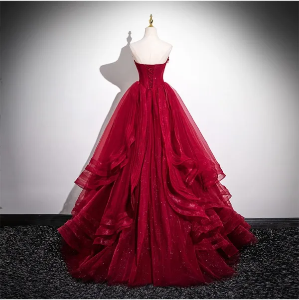 Chic / Beautiful Burgundy Appliques Cascading Ruffles Prom Dresses 2025 Ball Gown Strapless Sleeveless Backless Floor-Length / Long Prom Formal Dresses