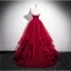 Chic / Beautiful Burgundy Appliques Cascading Ruffles Prom Dresses 2025 Ball Gown Strapless Sleeveless Backless Floor-Length / Long Prom Formal Dresses