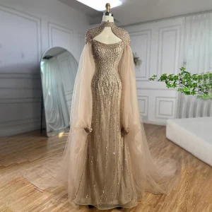 High End Caramel Handmade Beading Sequins Prom Dresses 2024 Trumpet Mermaid High Neck Sleeveless Backless Sweep Train Prom Formal Dresses
