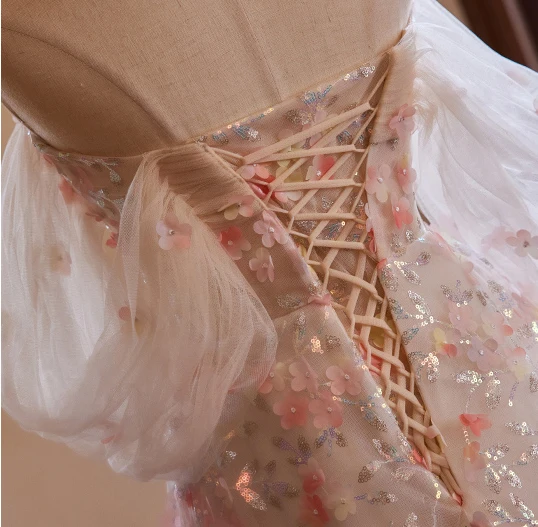 High-end Flower Fairy Blushing Pink Pearl Appliques Sequins Prom Dresses 2024 A-Line / Princess Off-The-Shoulder Short Sleeve Backless Sweep Train Prom Formal Dresses