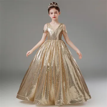 Sparkly Gold Sequins Birthday Floor Length Long Flower Girl Dresses 2024 Ball Gown Scoop Neck Short Sleeve Backless