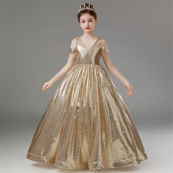 Sparkly Gold Sequins Birthday Floor Length Long Flower Girl Dresses 2024 Ball Gown Scoop Neck Short Sleeve Backless