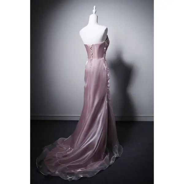 Sexy Rosa Perlenstickerei Pailletten Abendkleider 2026 Meerjungfrau Bandeau Ärmellos Rückenfreies Sweep / Pinsel Zug Abend Festliche Kleider