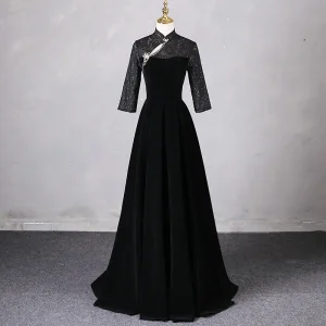Style Chinois Noire Robe De Bal 2024 Princesse Col Haut Manches Courtes Dos Nu Longue Promo Robe De Ceremonie