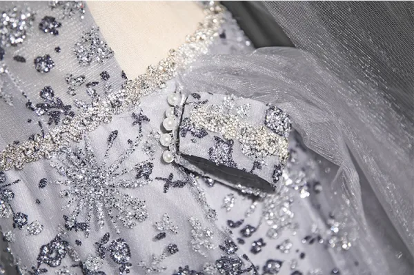Glamorous Grey Beading Pearl Glitter Sequins Evening Dresses 2025 A-Line / Princess Strapless Sleeveless Backless Floor-Length / Long Evening Party Formal Dresses