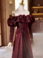 Vintage / Retro Burgundy Ruffle Prom Dresses 2024 A-Line / Princess Off-The-Shoulder Long Sleeve Backless Floor-Length / Long Prom Formal Dresses