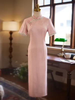 Chiński Styl Rumieniąc Różowy Wieczorowe Cheongsam 2025 Syrena Rozkloszowane Wysokiej Szyi Kótkie Rękawy Długość Herbaty